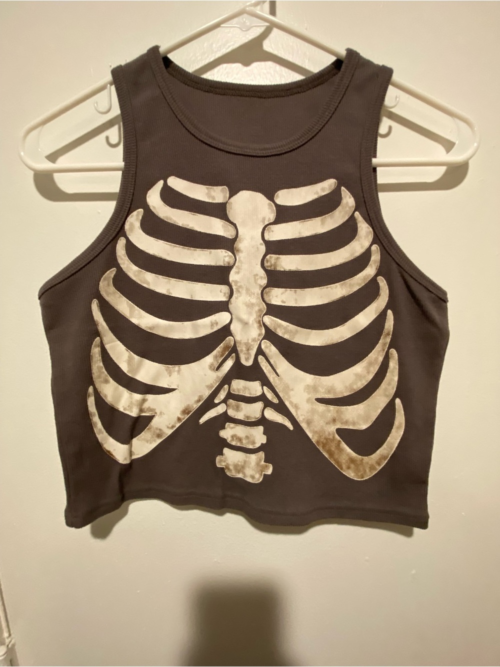 Sleeveless Black Ribbed Crop Top with White Skeleton Print